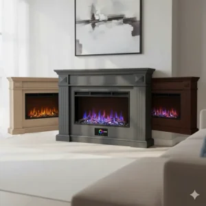 Example of a grey finished electric fireplace mantel, highlighting various available color options.