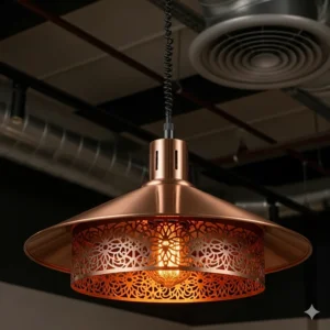 A stylish hanging heat lamp fixture with a decorative shade, perfect for a cafeteria or buffet area.