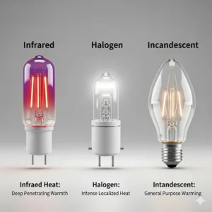 A side-by-side comparison of different types of bulbs for a heat lamp fixture, including infrared, halogen, and incandescent bulbs. The image showcases the various options available for different needs.
