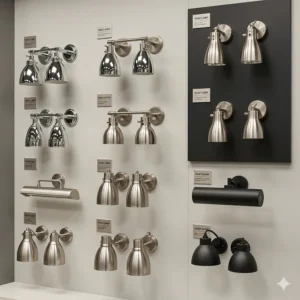 A product display showing a variety of heat lamp fixtures in different finishes, such as polished chrome, brushed nickel, and matte black, to match various décor styles.