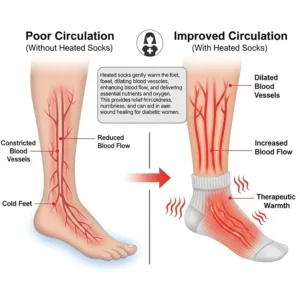 A diagram illustrating how heated socks can improve blood circulation, providing relief and therapeutic warmth for diabetic women.