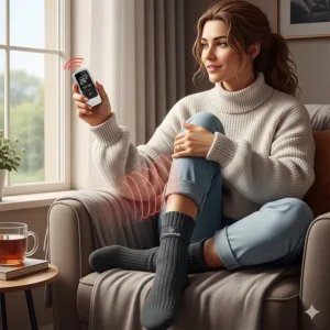 An illustration of a woman using a small remote control to adjust the temperature of her heat socks, highlighting a convenient user feature.