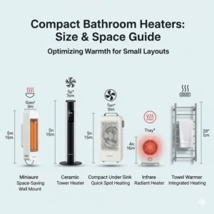 A size comparison graphic showing different types of heaters and their compact designs, illustrating which are best for a small bathroom layout.