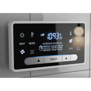 A user-friendly control panel on a bathroom heater, showing the timer function that allows for scheduled heating, saving energy.