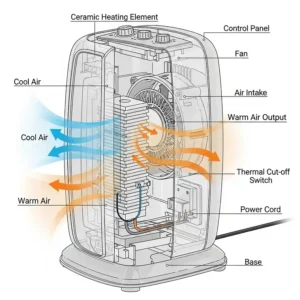 A diagram showing the internal components of a ceramic heater, including the ceramic heating element and fan, to explain how it generates heat.