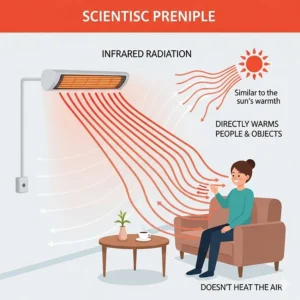 An infographic showing the scientific principle behind infrared heating, with waves emanating from the heater and directly warming people and objects, similar to the sun's warmth.