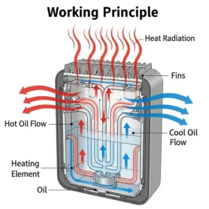 Diagram illustrating how an oil-filled heater works by circulating heated oil through fins to radiate warmth.