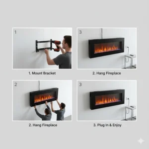 Step-by-step diagram illustrating the simple plug-and-play installation of a standard electric fireplace.