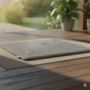 A versatile heated pet mat placed on an outdoor porch, suitable for both indoor and outdoor use.