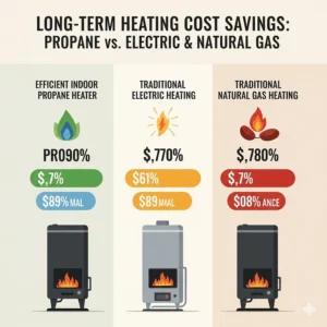 Infographic comparing the long-term cost savings of using an efficient indoor propane heater versus traditional electric or natural gas heating methods.
