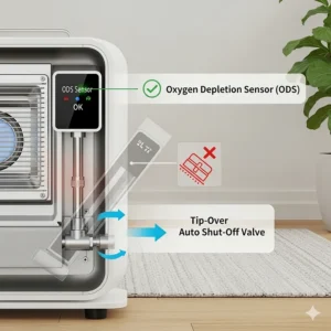 Illustration highlighting essential safety features of a top indoor propane heater, including an automatic shut-off valve for tip-over and an oxygen depletion sensor for safe operation.