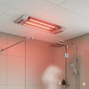 An infrared heating lamp installed in a ceiling, ideal for instantly warming people and objects in the shower area, making it a great option for a bathroom heater.