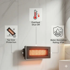 A graphic highlighting the key safety features of a modern infrared bathroom heater, such as tip-over protection, overheat shut-off, and water-resistance ratings.