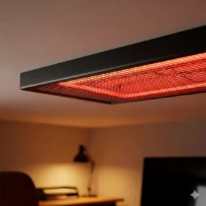 Close-up of a slim infrared ceiling heater panel, showcasing its radiant heating technology perfect for targeted warmth in a home office.
