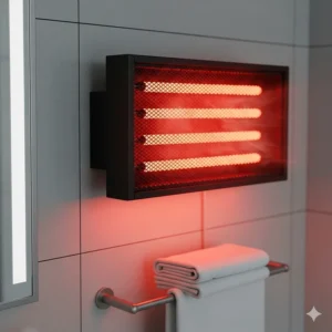 A close-up of an infrared heater, highlighting its silent operation and direct heating of objects and people, a great feature for small bathrooms.