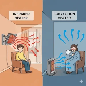 A conceptual diagram showing the energy efficiency of an infrared heater versus a convection heater. The infrared heater is shown directing warmth straight to a person, while the convection heater distributes warmth throughout the entire room, with the person still looking chilly.