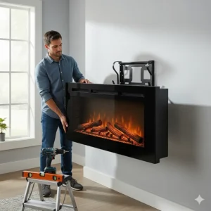 A homeowner easily installing a 60-inch electric fireplace on a wall, highlighting its simple setup process.