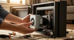 Step-by-step instructions for how to install a new blower into an existing electric fireplace insert.