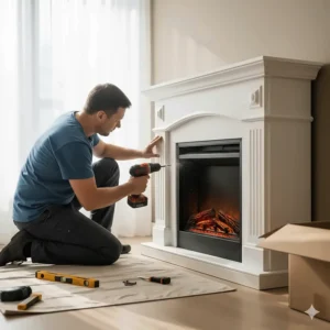 Close-up shot of a person setting up or installing a new electric fireplace mantel kit.
