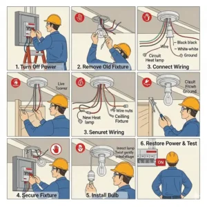 A step-by-step illustration showing the process of installing a new heat lamp fixture in a ceiling. The image highlights key components and safety precautions.