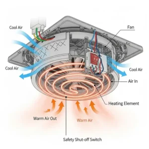 Cutaway diagram showing the internal components of a ceiling heater, including the fan, heating element, and safety shut-off switch.