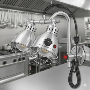 A durable heat lamp fixture designed for continuous use in a busy commercial kitchen environment.