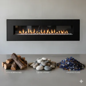 Variety of decorative media options like logs, glass, and stones for a large double sided electric fireplace.