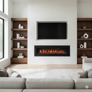 A large, wide-screen wall mount electric fireplace installed beneath a television, creating a grand focal point in a spacious living room.