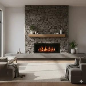 Full view of a large electric rock fireplace with a raised hearth, acting as a stunning focal point.