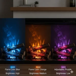 A set of LED-powered electric logs showing various flame color options and adjustable brightness levels.