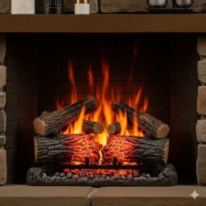 A set of LED electric logs with a vibrant, flickering flame effect, showcasing the energy-efficient technology.