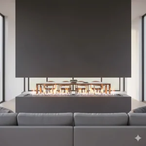 Linear double sided electric fire inset with clear crystal media glowing brightly, viewable from both sides.
