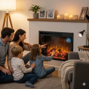 A family sitting around a fireplace with an electric log insert, emphasizing the safety features like cool-to-the-touch glass and no open flames.