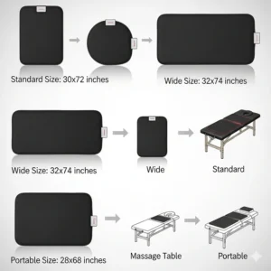 An image collage or diagram displaying various sizes of massage table heating pads, highlighting their compatibility with standard, wide, and portable massage tables.