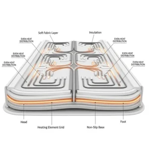 A technical illustration showing the even distribution of heating elements inside a high-quality massage table heating pad, explaining how the consistent warmth is maintained from head to toe.