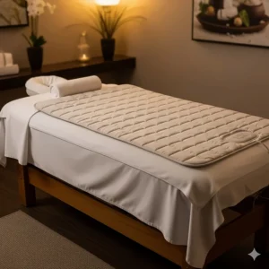 An empty massage table is shown with a soft, fitted massage table heating pad laid neatly on top, ready for a client to experience enhanced comfort and muscle relaxation during their session.