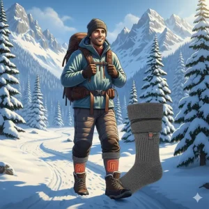 A full-body illustration of a hiker on a snowy mountain trail, wearing mobile warming socks under their boots, looking comfortable and protected from the cold.