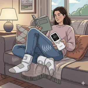 An illustration of a person lounging on a couch at home, using a remote to adjust the temperature of their mobile warming socks while reading a book.