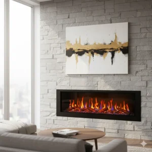 An example of a modern built-in electric fireplace design flush with a stone feature wall.
