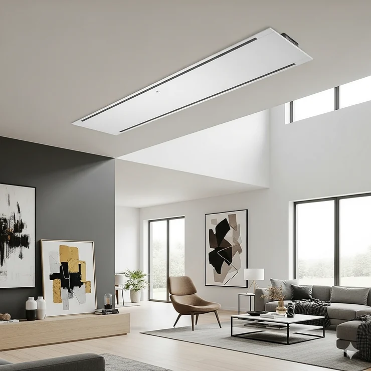 A modern, sleek white ceiling heater seamlessly installed in the high ceiling of a contemporary living room, providing efficient and quiet warmth.