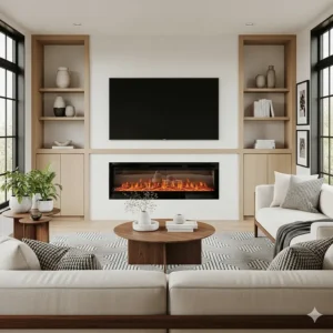 A stunning, modern ceiling mount electric fireplace with realistic flames, serving as a sleek centerpiece in a minimalist living room.