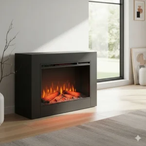 A sleek, modern freestanding electric fireplace with a minimalist design, perfect for contemporary home decor.