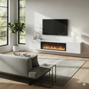 A modern living space with minimalist furniture and a long, linear 60-inch electric fireplace serving as a central focal point.