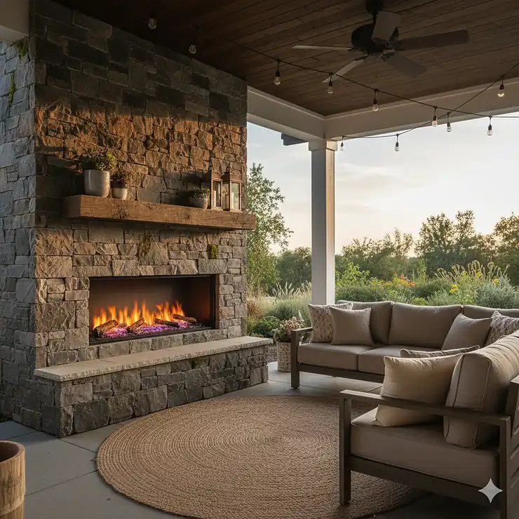 A stunning modern outdoor electric fireplace seamlessly built into a stone wall on a covered patio, providing warmth and ambiance.