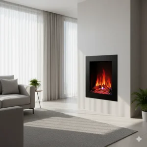 A contemporary home interior featuring a vertical electric fireplace with a glass front and decorative media like crystals or logs.