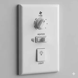 A close-up of a multi-function wall switch that controls the fan, heater, and light functions of a single bathroom exhaust unit.