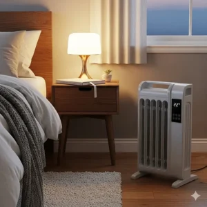 A picture of an oil-filled heater in a bedroom setting, demonstrating its suitability for sustained, quiet heat in medium to large rooms.