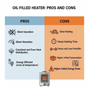 An infographic detailing the pros and cons of using an oil-filled heater, such as its silent operation and slow heating time.
