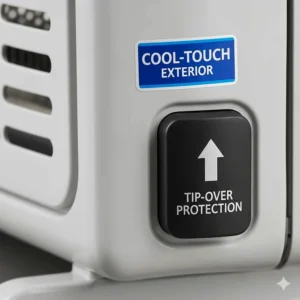 Close-up of the safety features on an oil-filled heater, such as tip-over protection and a cool-touch exterior.