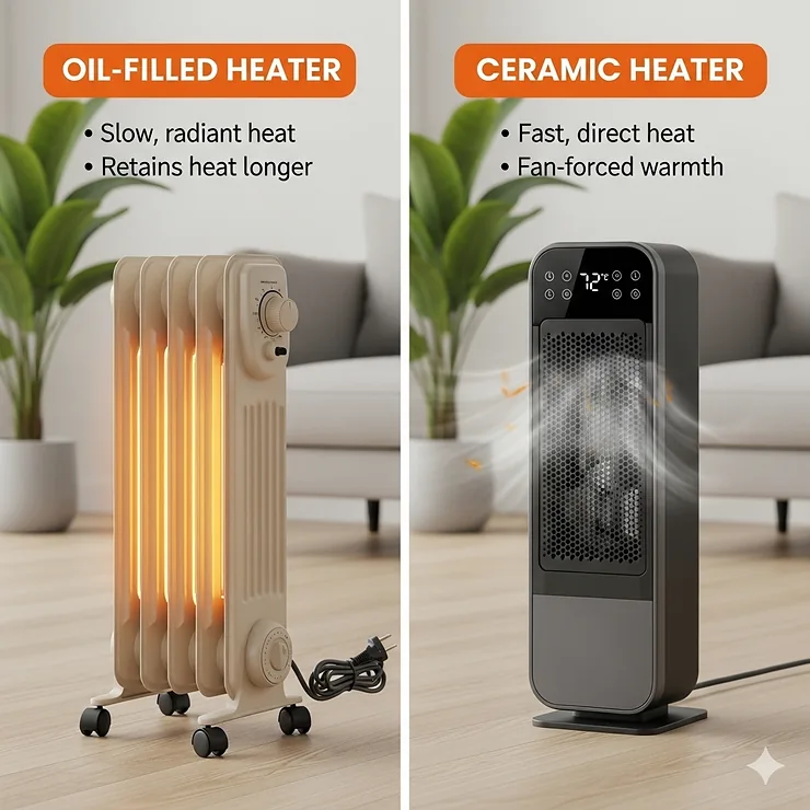 A visual comparison of an oil-filled heater and a ceramic heater, highlighting their differences in design and function for home heating. oil filled heater vs ceramic